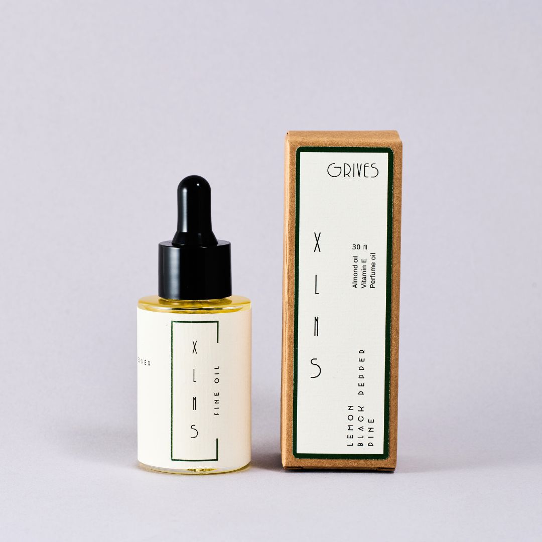 Grives XLNS skincare oil bottle and packaging on a light gray background