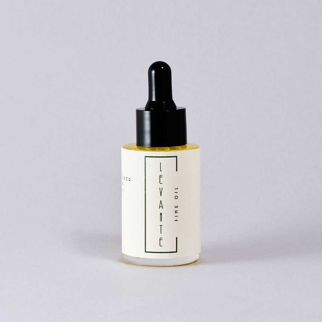 Levante skincare bottle with dropper on a light gray background