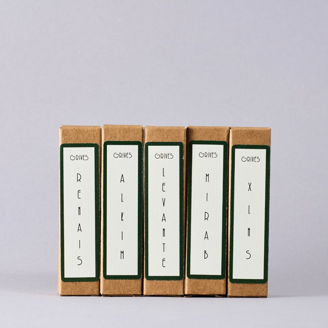 Five brown boxes with white labels on a light gray background