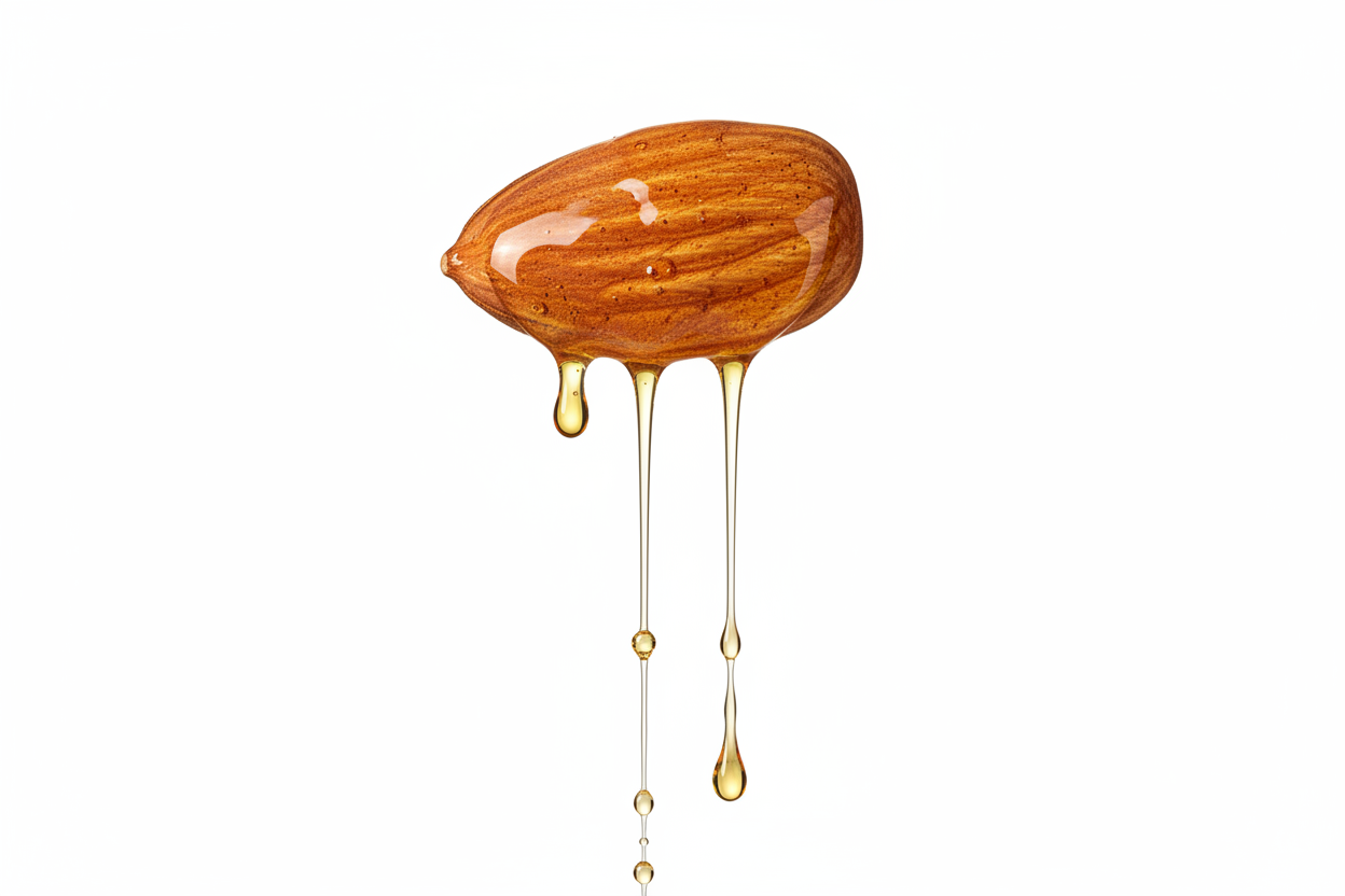 one almond dripping oil on a white background